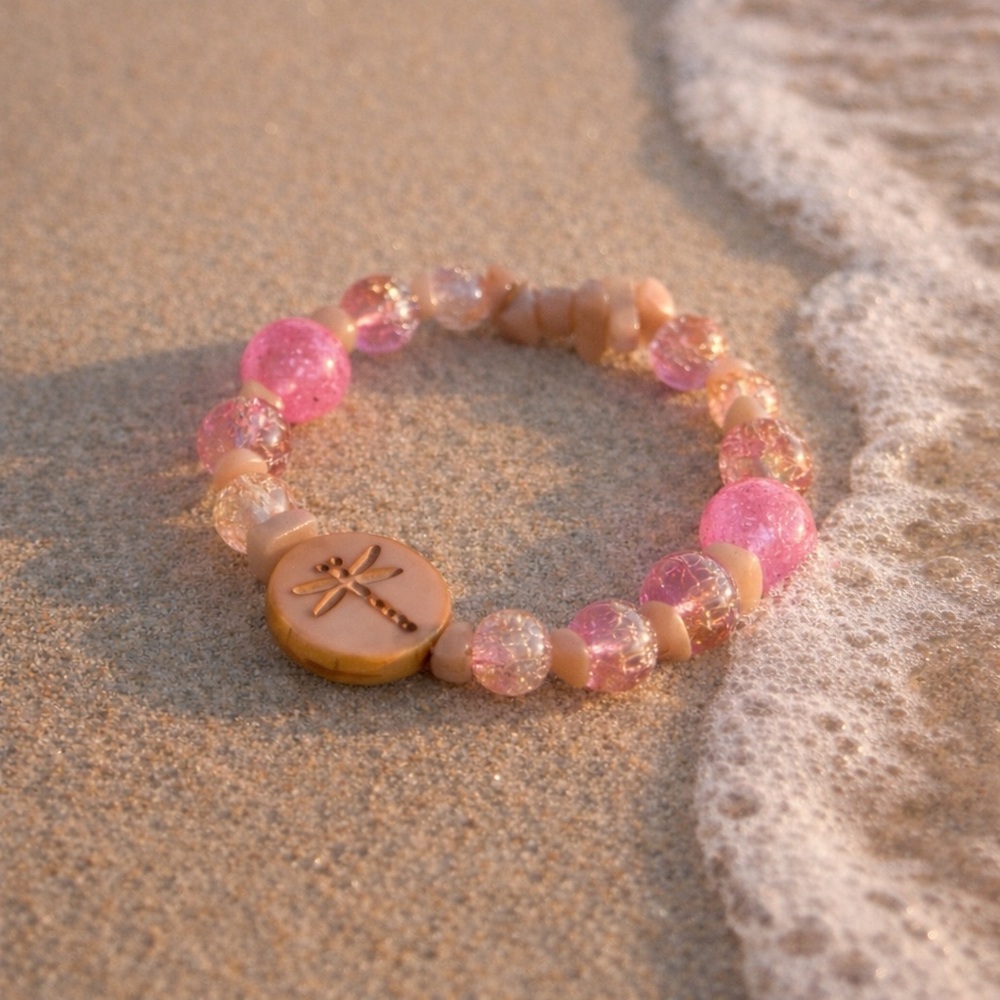 TERRA GEMMS Studio Series Peach Aventurine & Dragonfly Pink Stretch Bracelet - Picture 5 of 5